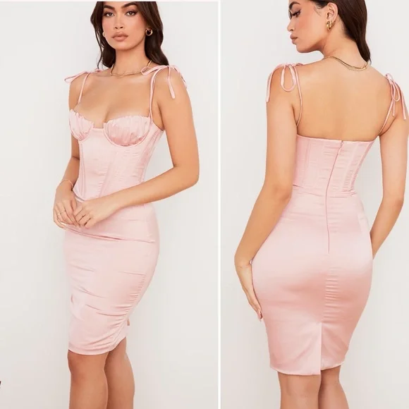 NWT House Of CB Alma Blush Pink Satin Corset Bustier Cups Midi Dress size medium - Picture 3 of 7